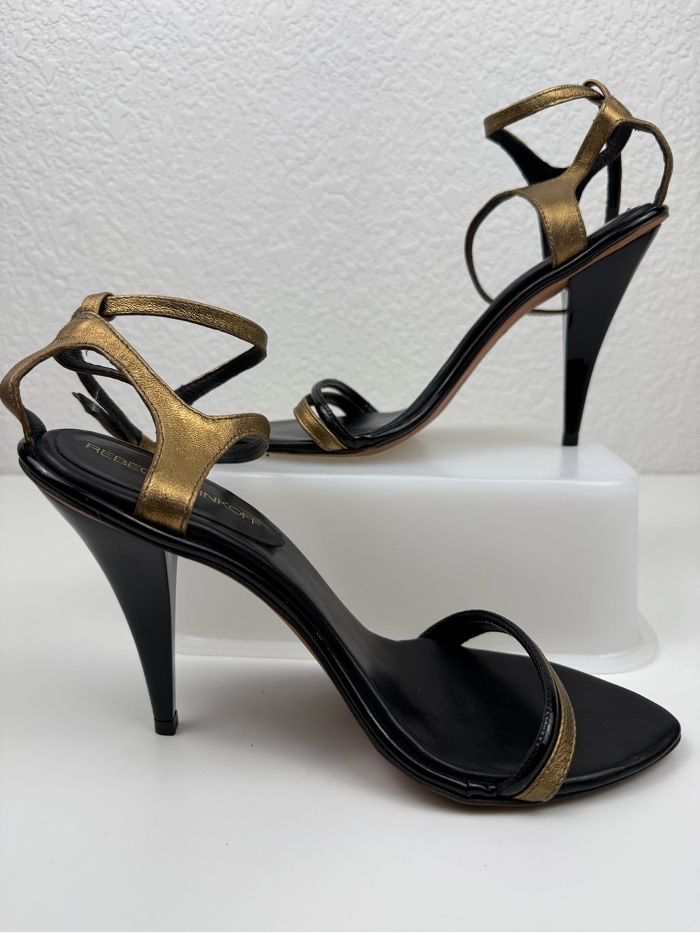 Rebecca Minkoff | Black & Gold Strappy Leather Heels | 8M